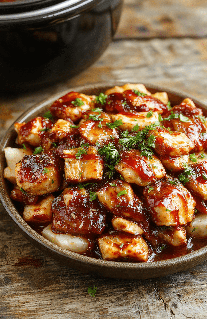 A vibrant plate of tender crockpot teriyaki chicken glazed with shiny sauce, garnished with sesame seeds and green onion slices, served with steamed rice and colorful vegetables on a rustic wooden table, styled in natural light with a soft-focus background.
