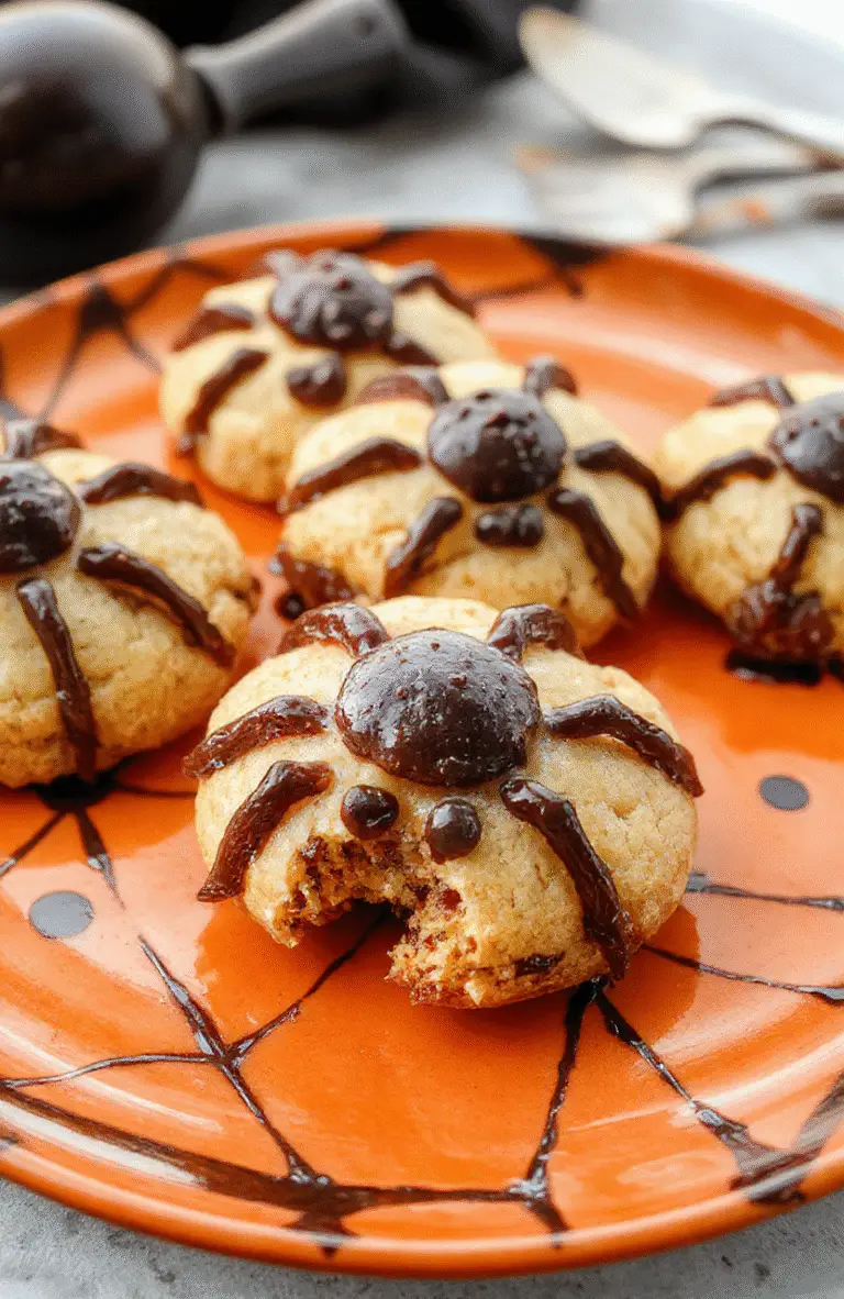 Colorful Halloween Spider Cookies arranged on a festive orange and black plate, featuring chocolate cookies with spider legs made from pretzels and candy eyes, vibrant orange sprinkles add a playful touch, textured cookies with glossy icing, styled simply with a Halloween-themed background.