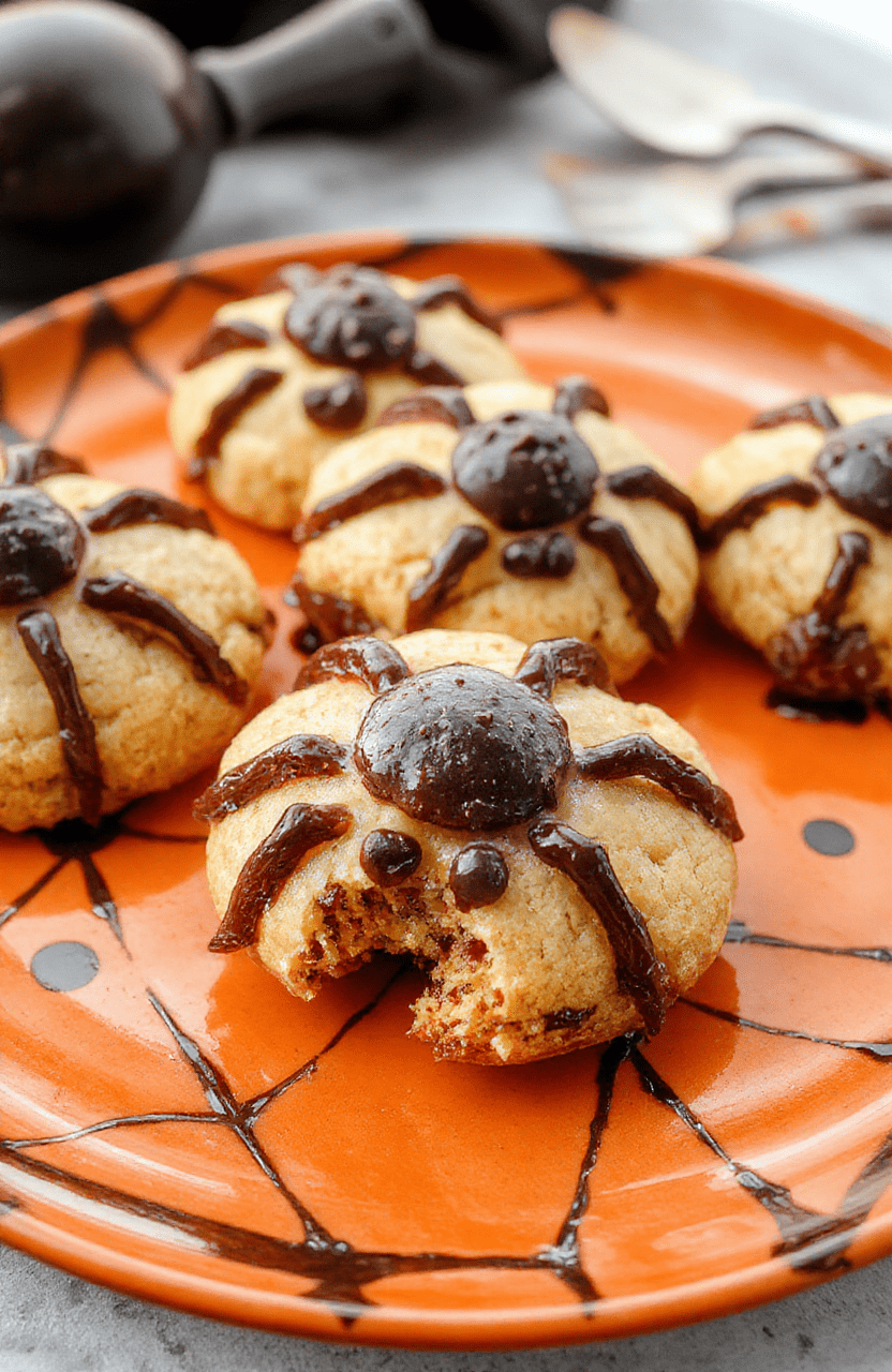 Colorful Halloween Spider Cookies arranged on a festive orange and black plate, featuring chocolate cookies with spider legs made from pretzels and candy eyes, vibrant orange sprinkles add a playful touch, textured cookies with glossy icing, styled simply with a Halloween-themed background.