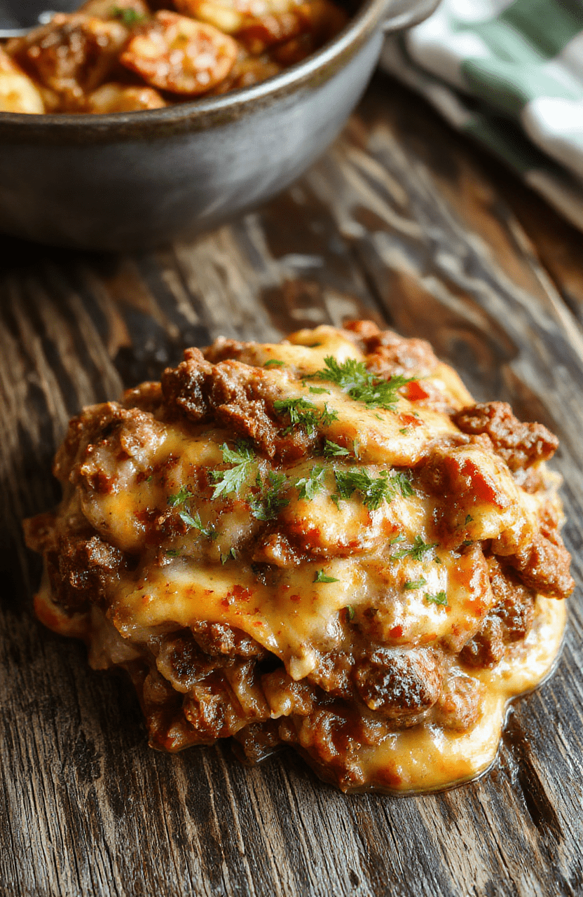 A hearty ground beef hobo casserole served in a rustic baking dish, topped with melted cheese and garnished with chopped herbs, showcasing a golden, bubbly crust and colorful vegetables on a warm wooden table.