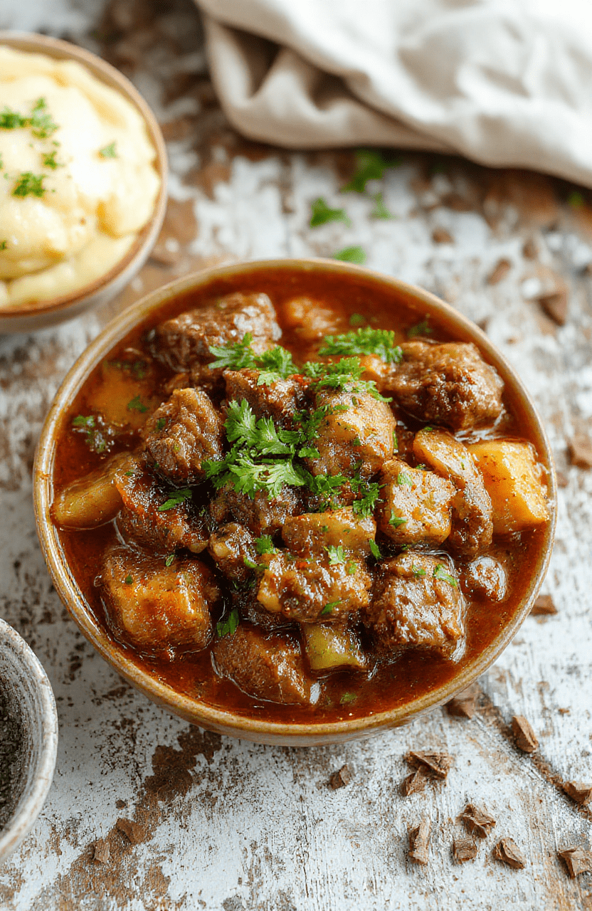 A hearty bowl of homemade beef stew filled with tender beef chunks, carrots, potatoes, and celery, garnished with fresh herbs, served on a rustic wooden table with warm natural lighting, emphasizing the rich textures and vibrant colors of the ingredients.