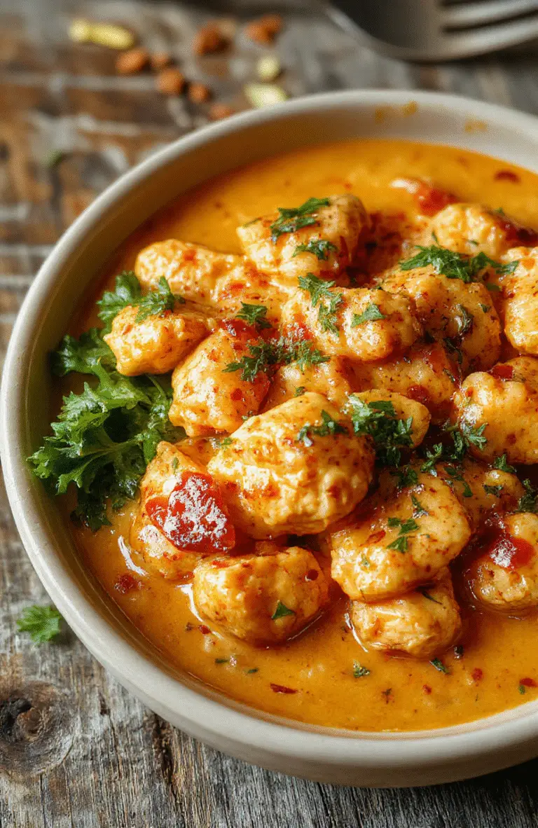 A vibrant plate of creamy butter chicken garnished with fresh cilantro, served alongside fluffy basmati rice on a rustic wooden table, showcasing rich textures and warm colors.