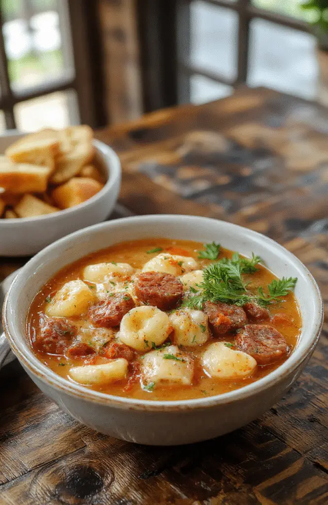 A vibrant bowl of Italian sausage tortellini soup garnished with fresh basil, showcasing plump tortellini, colorful vegetables, and savory broth on a rustic wooden table.