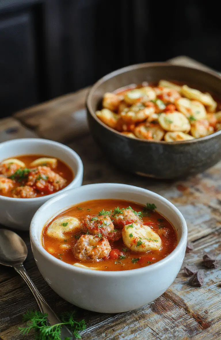 A vibrant bowl of meatball tortellini soup featuring hearty meatballs, tender tortellini, fresh herbs, and a rich broth, garnished with grated cheese and a sprig of parsley, styled on a rustic wooden surface with soft natural lighting.