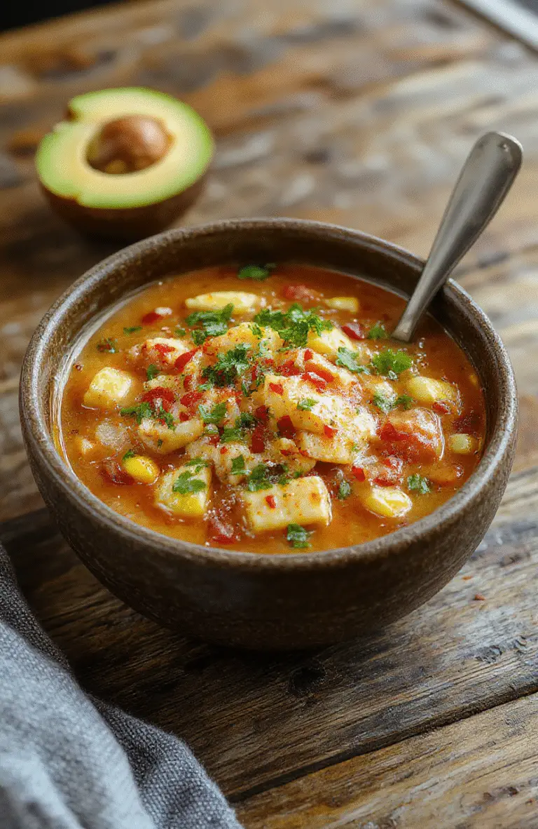 A vibrant bowl of white chicken chili topped with charred corn, fresh cilantro, and a drizzle of lime juice, presented on a rustic wooden table with a sprinkle of chili powder for garnish.