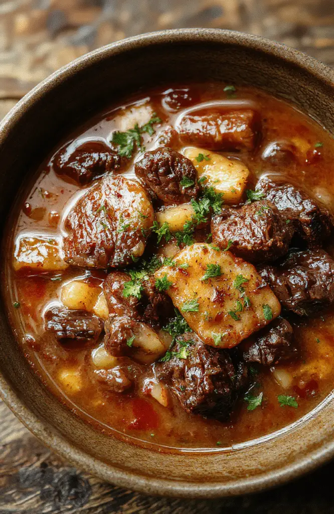 A rustic bowl of hearty beef stew featuring tender chunks of beef, carrots, potatoes, and herbs in a rich, savory gravy, garnished with fresh parsley, presented on a wooden table with a cozy background.