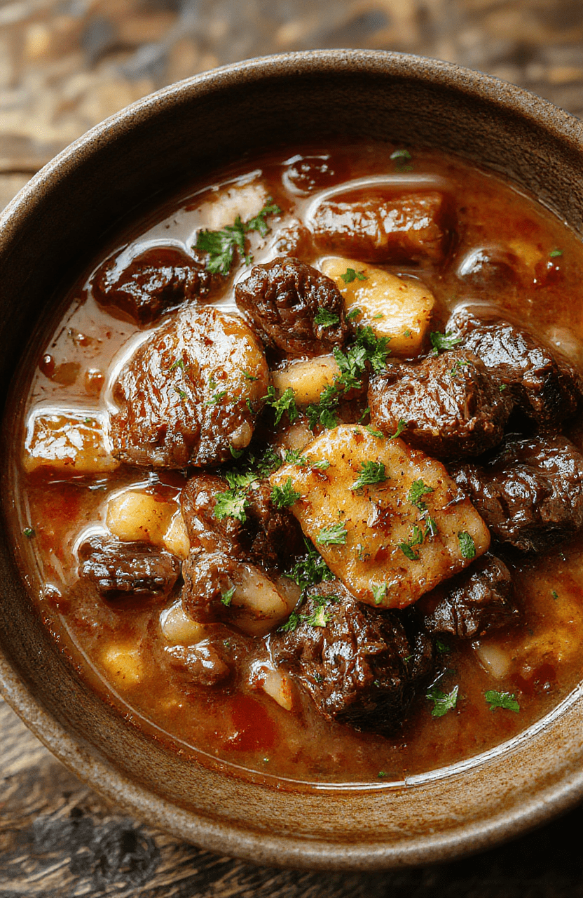 A rustic bowl of hearty beef stew featuring tender chunks of beef, carrots, potatoes, and herbs in a rich, savory gravy, garnished with fresh parsley, presented on a wooden table with a cozy background.