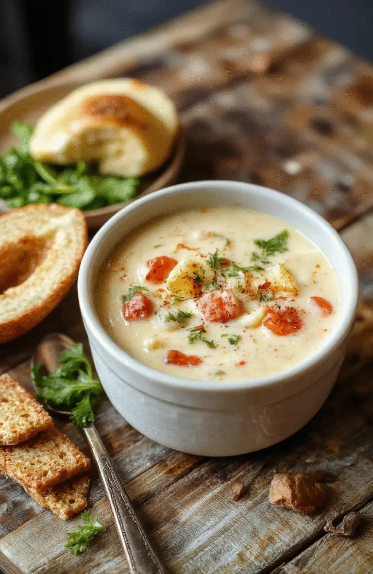 A vibrant bowl of creamy vegetable soup with colorful chopped vegetables like carrots, celery, and spinach, topped with fresh herbs, served in a white bowl on a rustic wooden table with a neutral background.