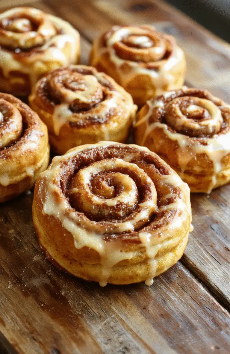 A close-up of golden-brown pumpkin cinnamon rolls glazed with creamy icing, arranged on a rustic wooden board with autumn leaves in the background, showcasing the soft, fluffy texture and rich cinnamon swirl.