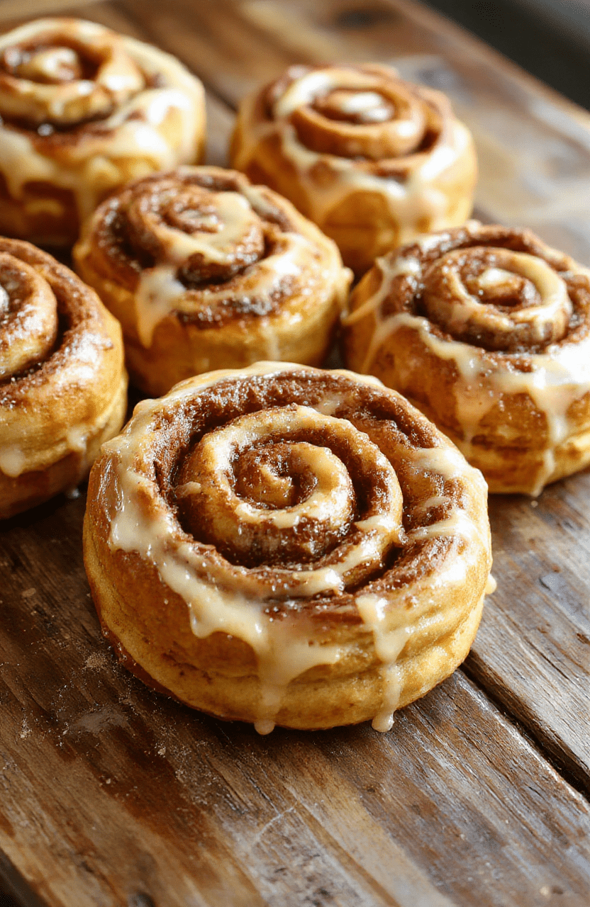 A close-up of golden-brown pumpkin cinnamon rolls glazed with creamy icing, arranged on a rustic wooden board with autumn leaves in the background, showcasing the soft, fluffy texture and rich cinnamon swirl.