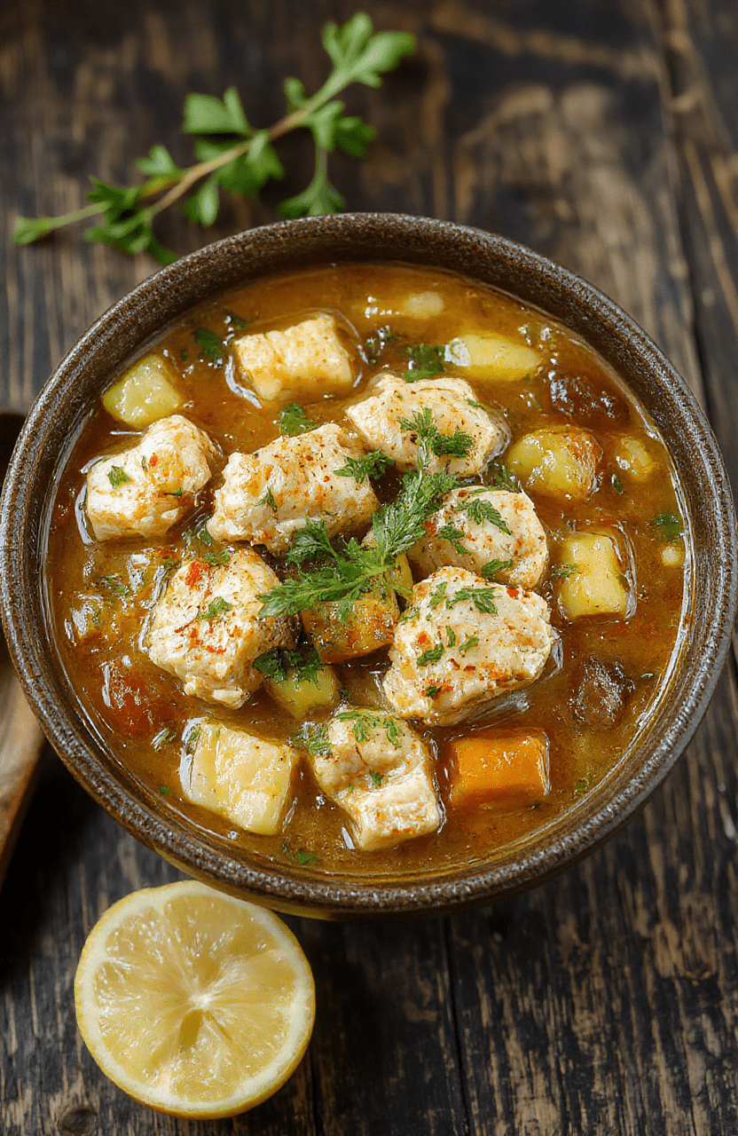 A hearty chicken stew served in a rustic white bowl, with chunks of tender chicken, colorful vegetables, and a thick broth, garnished with fresh herbs, presented on a wooden table with a natural light setting