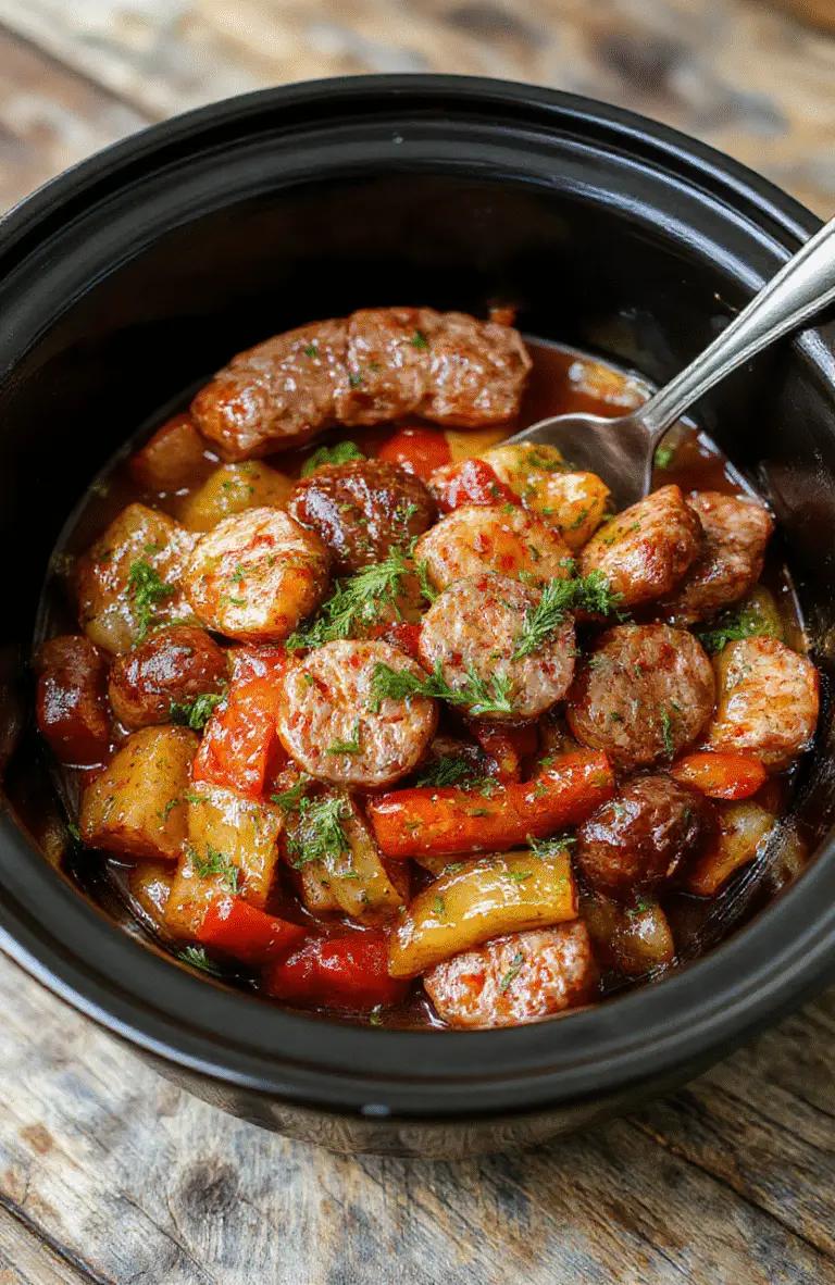 Vibrant sausage and peppers dish in a rustic white bowl, colorful bell peppers, juicy sausages with charred edges, fresh herbs sprinkled on top, styled on a wooden serving board with a casual, cozy vibe.