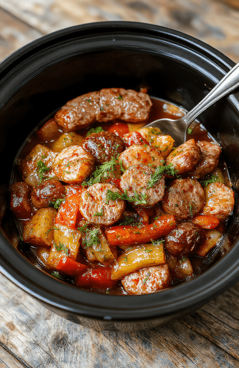 Vibrant sausage and peppers dish in a rustic white bowl, colorful bell peppers, juicy sausages with charred edges, fresh herbs sprinkled on top, styled on a wooden serving board with a casual, cozy vibe.
