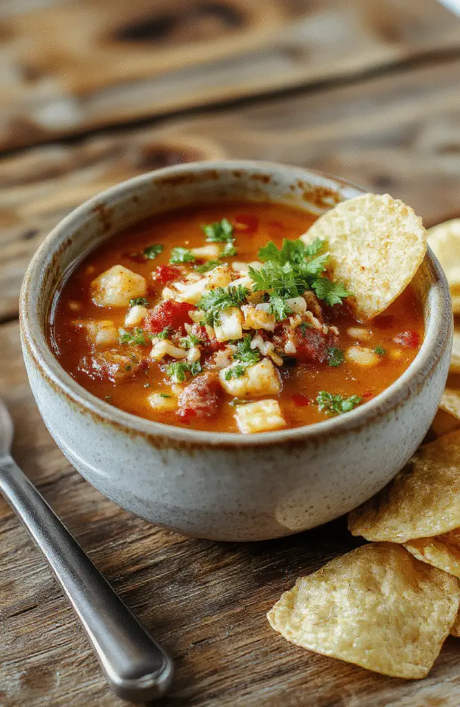 A vibrant bowl of taco soup with a rich tomato base, topped with shredded cheese, fresh cilantro, and sliced jalapenos. The soup contains chunks of ground beef, beans, corn, and diced tomatoes, all beautifully arranged on a rustic wooden table with a spoon and a side of crispy tortilla chips.