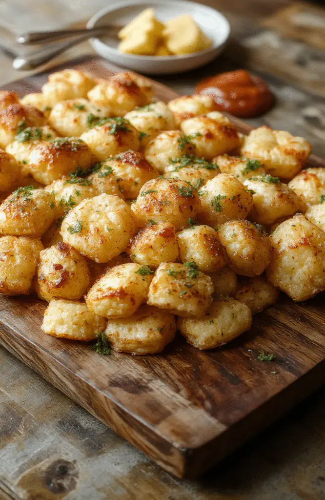 A close-up of a crispy, golden Tater Tot Casserole served in a rustic white dish, topped with melted cheese and fresh chopped parsley, with a cheesy sauce visibly bubbling around the crispy tots, styled with a wooden background for a cozy, inviting presentation.