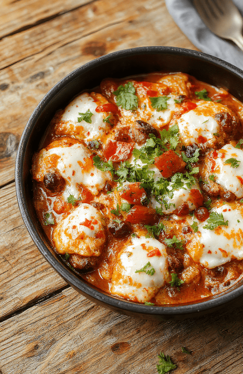 A vibrant enchilada skillet served in a black cast iron skillet, featuring layers of shredded chicken, melted cheese, and colorful peppers, garnished with fresh cilantro and sliced jalapenos, capturing a warm, inviting, and flavorful presentation with textured toppings and a bright, appetizing look.