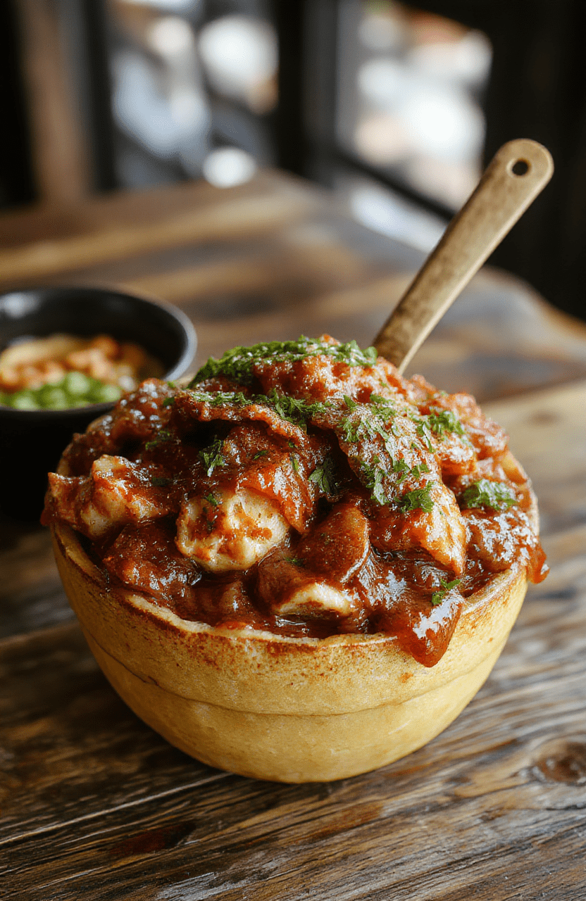 A vibrant plate of Mexican birria featuring tender shredded beef in rich red chili broth, garnished with fresh cilantro and chopped onions, served with warm corn tortillas on a rustic wooden table with vibrant colors and textures.