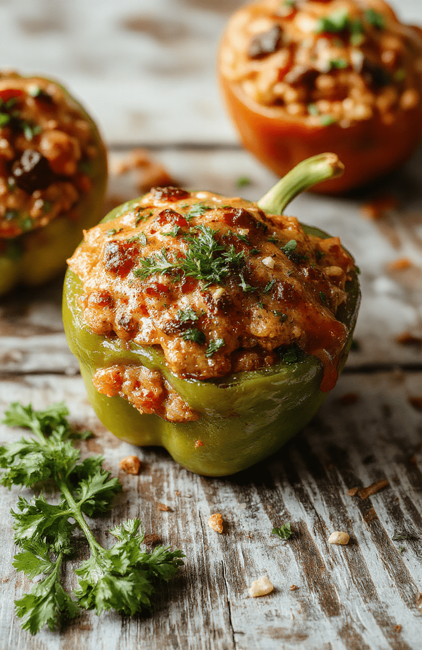 Colorful stuffed bell peppers filled with seasoned ground beef and rice, topped with melted cheese, arranged on a white plate with fresh herbs, vibrant red, green, and yellow peppers with a glossy finish, styled simply with a rustic background, textures of cheesy topping and tender peppers visible.