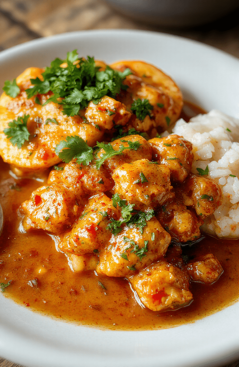 A vibrant plate of creamy butter chicken garnished with fresh cilantro, served alongside fluffy rice. The dish features tender chicken pieces coated in a rich, golden sauce with a glossy finish, beautifully styled with a rustic wooden backdrop and natural lighting that highlights the vibrant colors and textures.