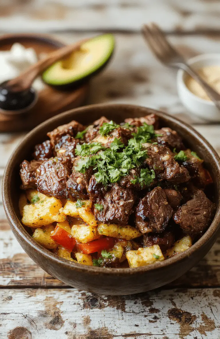 A vibrant steak fajita bowl featuring sliced grilled steak, colorful bell peppers, onions, topped with fresh cilantro and lime wedges, arranged on a white plate with a rustic wooden background, with a sprinkle of cheese and a side of guacamole, showcasing textures of tender meat and crisp veggies, styled simply for an appetizing look.