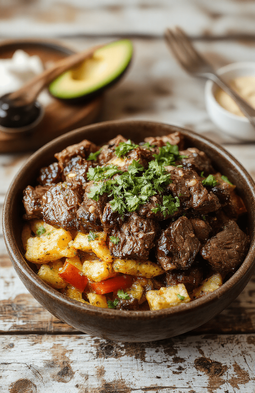 A vibrant steak fajita bowl featuring sliced grilled steak, colorful bell peppers, onions, topped with fresh cilantro and lime wedges, arranged on a white plate with a rustic wooden background, with a sprinkle of cheese and a side of guacamole, showcasing textures of tender meat and crisp veggies, styled simply for an appetizing look.