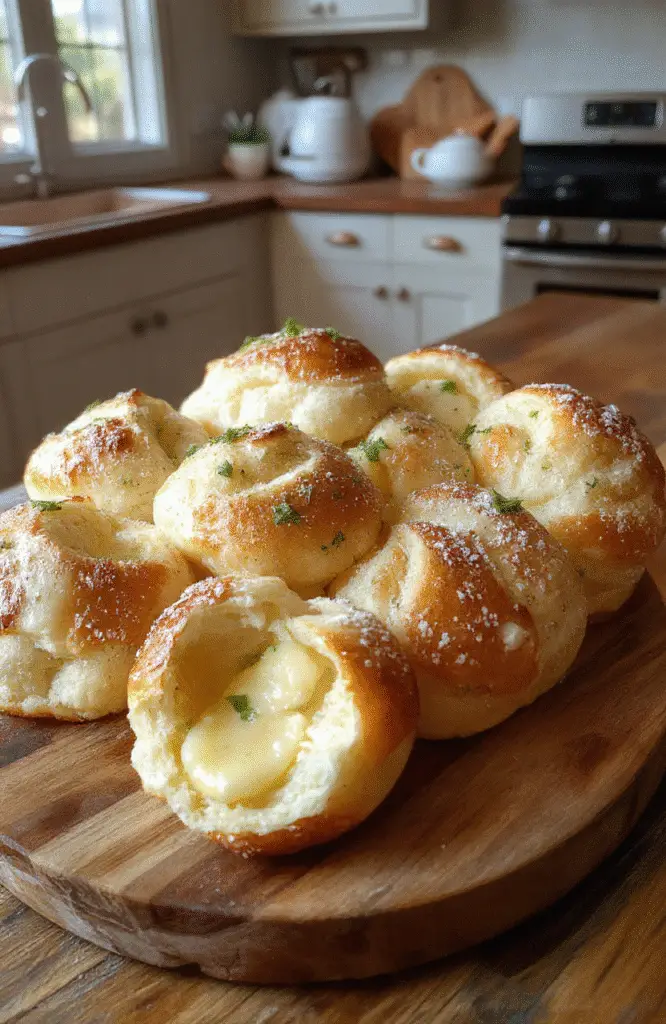 Colorful arranged fluffy breakfast rolls on a rustic wooden platter, showcasing their golden crust, soft interior, and swirls of melted butter, garnished with fresh herbs and powdered sugar, styled with a cozy kitchen backdrop.