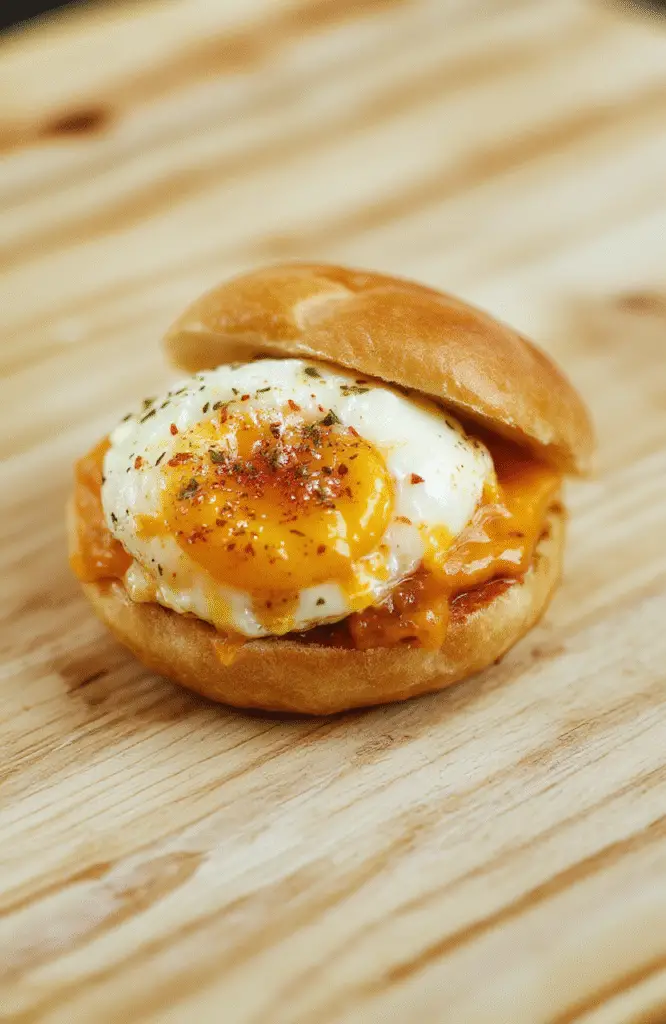 A soft, fluffy Japanese egg sandwich sliced open to reveal creamy, slightly scrambled eggs inside, layered with fresh bread and a hint of green garnish, styled on a neutral wooden board with natural daylight highlighting the textures and vibrant colors.
