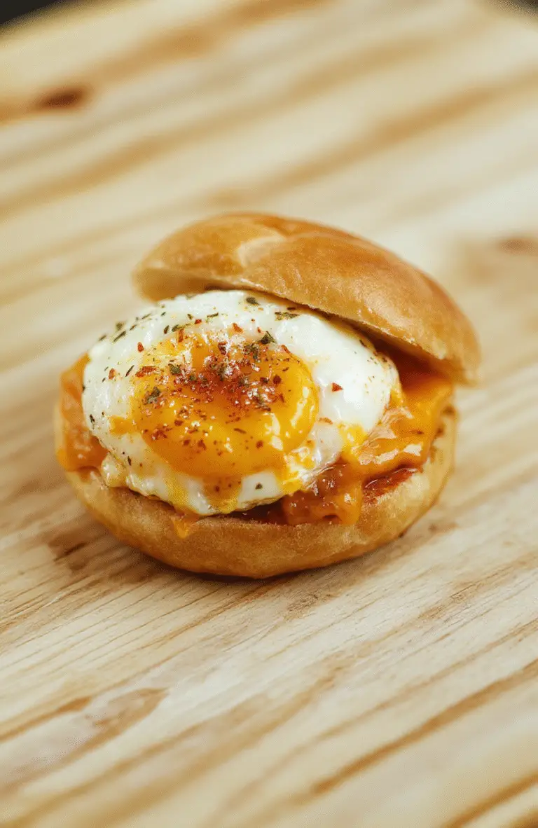 A soft, fluffy Japanese egg sandwich sliced open to reveal creamy, slightly scrambled eggs inside, layered with fresh bread and a hint of green garnish, styled on a neutral wooden board with natural daylight highlighting the textures and vibrant colors.