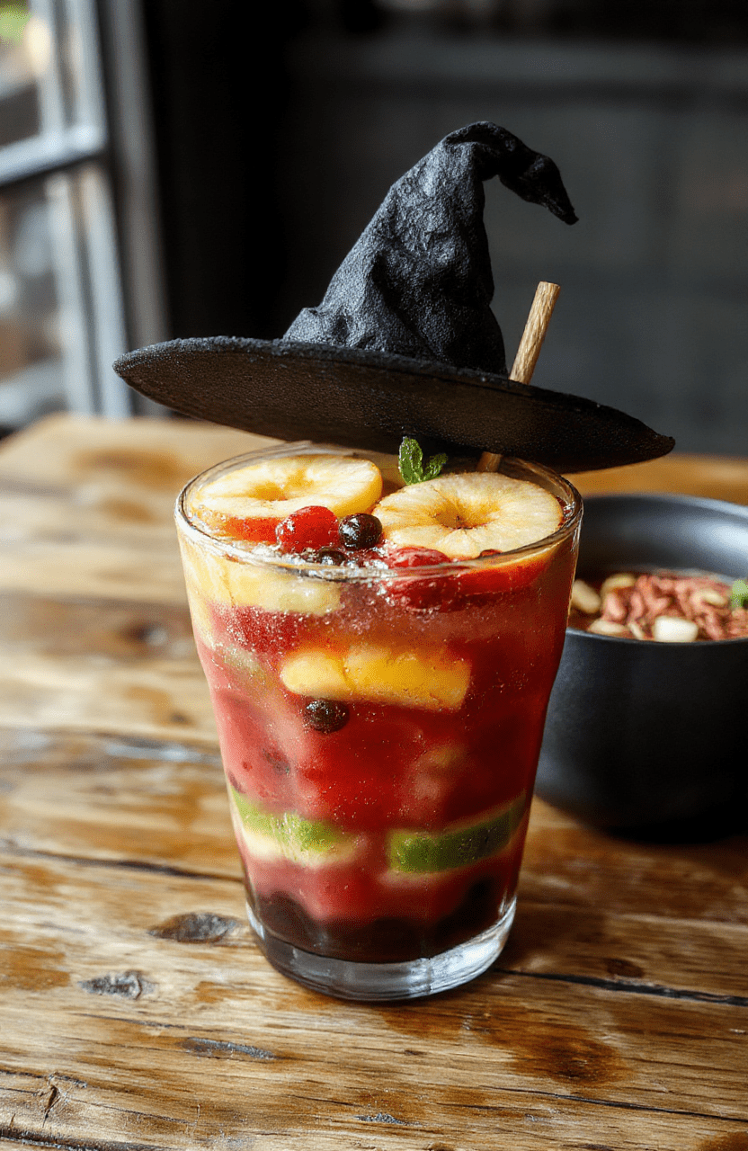 A vibrant glass of Drunk Witch Cocktail with a colorful layered presentation featuring purple, pink, and orange hues, garnished with fresh fruit slices and a whimsical straw, set on a rustic wooden table with scattered berries and sprigs of mint, styled for a lively party atmosphere.