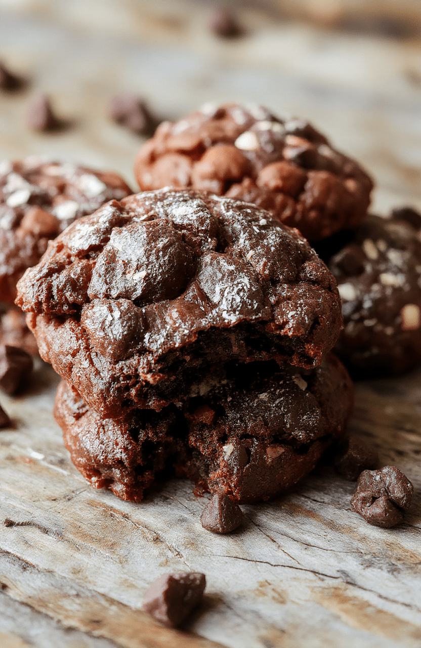 A close-up of fudgy, chewy brookies stacked on a rustic wooden surface, showcasing their shiny chocolate glaze, gooey interior, and cracked tops with visible swirls of cookie dough and brownie layers.