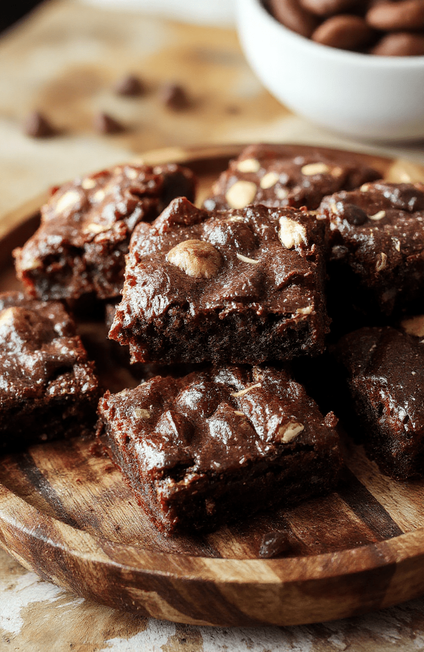 A rich, fudgy brownie with a shiny crackly top, cut into squares and stacked on a rustic wooden plate with chocolate crumbs around, soft natural lighting emphasizing the moist texture.