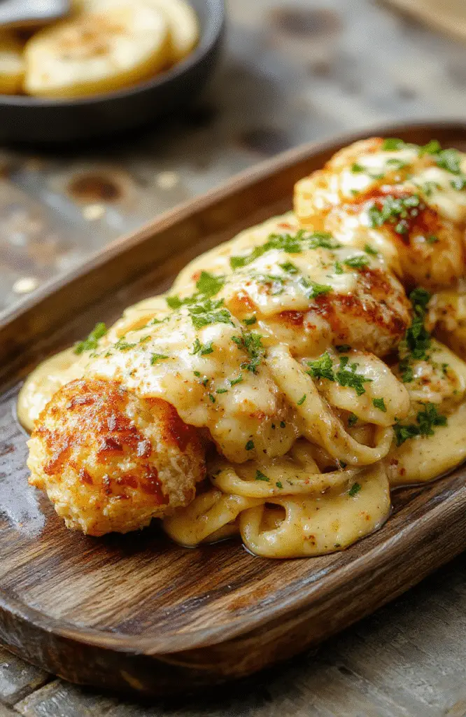 A close-up of golden garlic butter chicken bites arranged beautifully on a white plate, accompanied by a creamy parmesan pasta with garnishes of fresh herbs, styled with a rustic wooden table background, vibrant colors, and crispy textures.