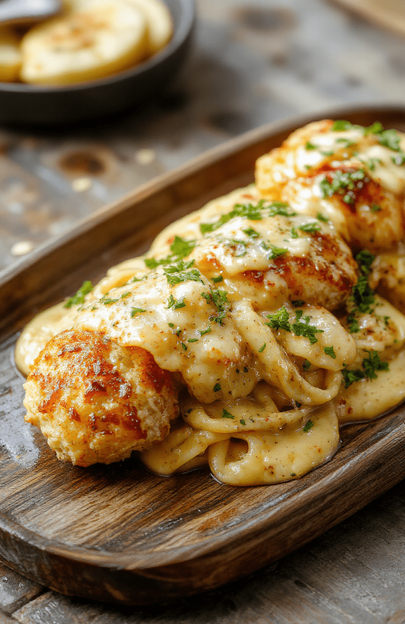 A close-up of golden garlic butter chicken bites arranged beautifully on a white plate, accompanied by a creamy parmesan pasta with garnishes of fresh herbs, styled with a rustic wooden table background, vibrant colors, and crispy textures.
