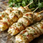 Colorful garlic Parmesan chicken skewers arranged on a white plate, garnished with fresh herbs, showcasing juicy grilled chicken chunks coated in golden Parmesan and herbs, with a hint of garlic aroma, styled simply on a rustic wooden surface.