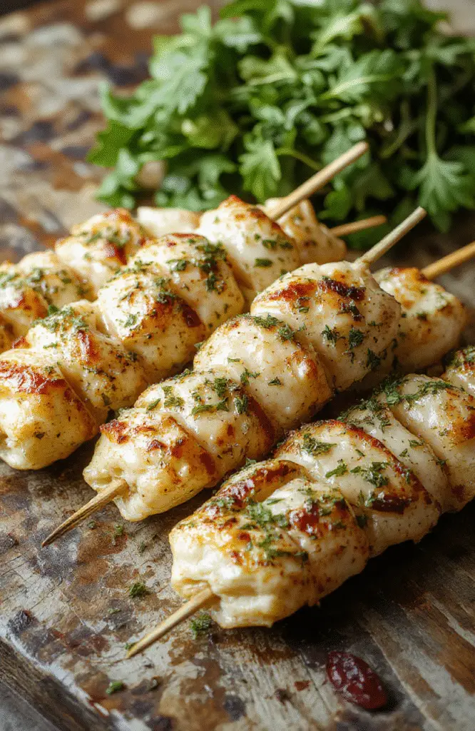 Colorful garlic Parmesan chicken skewers arranged on a white plate, garnished with fresh herbs, showcasing juicy grilled chicken chunks coated in golden Parmesan and herbs, with a hint of garlic aroma, styled simply on a rustic wooden surface.