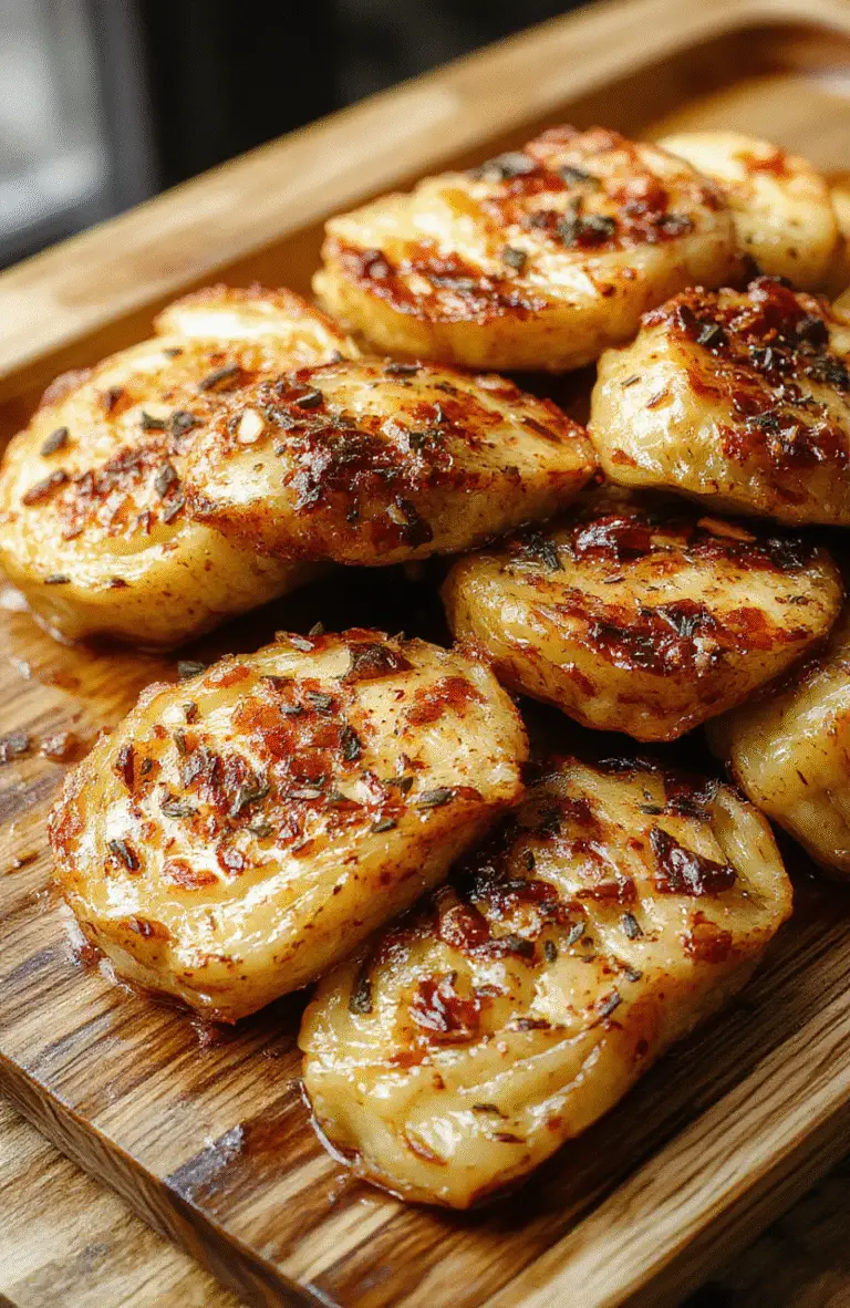 A close-up of golden-brown garlic roasted cabbage steaks plated on a rustic wooden tray, garnished with fresh parsley, showing crispy edges and tender layers of bright green cabbage with a lightly caramelized surface, styled with simple herbs and a neutral background.