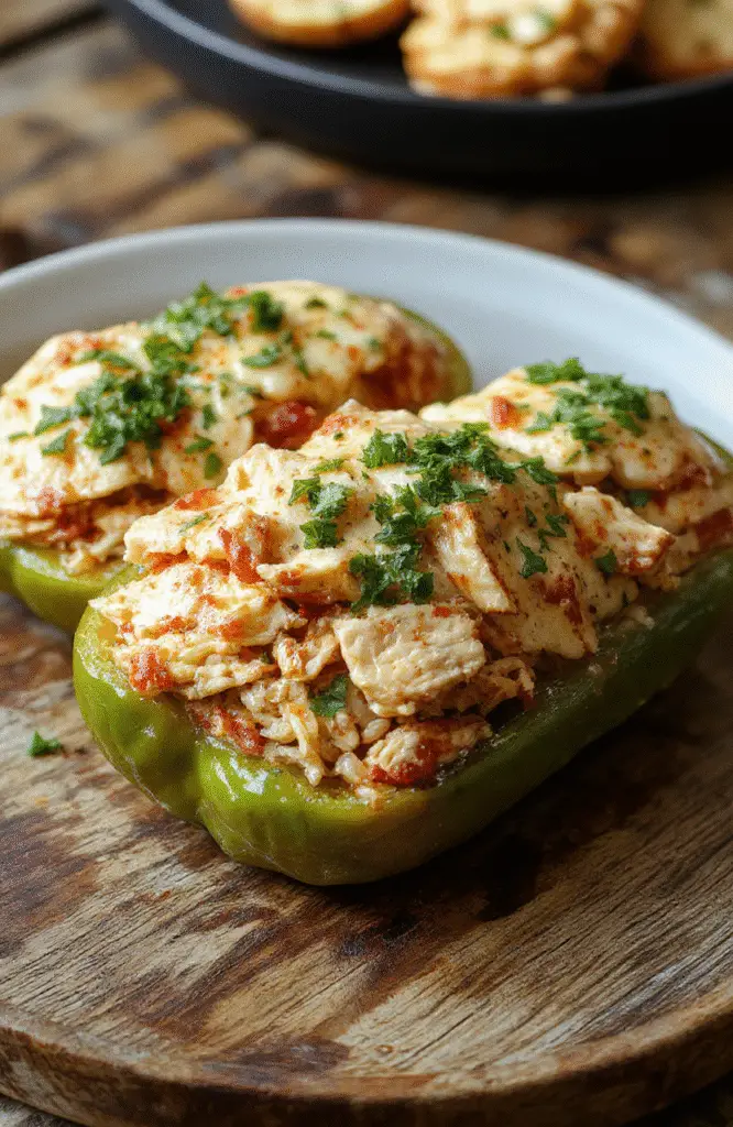 Colorful stuffed peppers topped with melted cheese, filled with shredded chicken, rice, and festive Halloween-inspired toppings, arranged on a rustic plate with a wooden background, vibrant orange, red, and green hues, showcasing textures of gooey cheese, tender chicken, and crisp peppers.