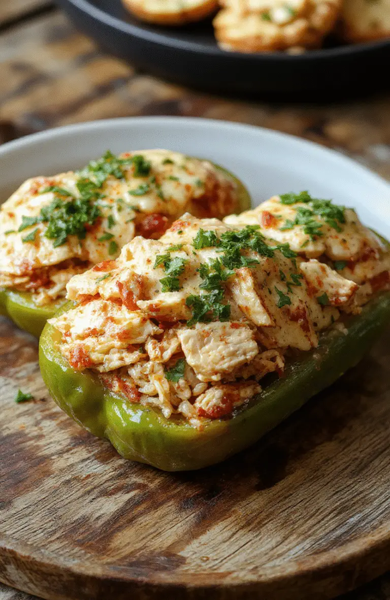 Colorful stuffed peppers topped with melted cheese, filled with shredded chicken, rice, and festive Halloween-inspired toppings, arranged on a rustic plate with a wooden background, vibrant orange, red, and green hues, showcasing textures of gooey cheese, tender chicken, and crisp peppers.