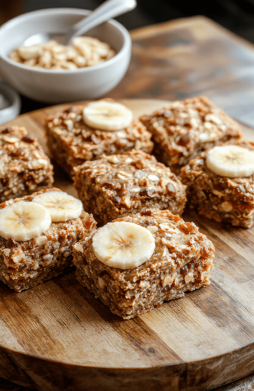 Colorful banana oatmeal bars arranged on a rustic wooden platter, showcasing soft golden-brown texture with visible banana and oat chunks, styled with fresh banana slices and a drizzle of honey, natural light highlighting the crumbly texture and inviting appearance.