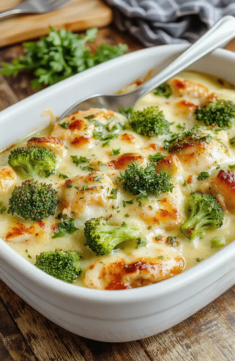 A vibrant broccoli chicken casserole in a white baking dish, topped with melted cheese and garnished with fresh herbs, surrounded by fresh broccoli florets and cooked chicken slices, colorful and appetizing, styled simply on a rustic wooden table.