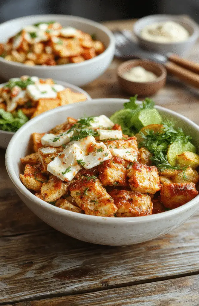 Colorful Greek Chicken Bowls arranged on a rustic wooden table, featuring grilled chicken, cherry tomatoes, cucumber slices, red onion, hummus, and olives, topped with fresh parsley, showcasing vibrant Mediterranean ingredients with textures from creamy hummus and juicy vegetables.