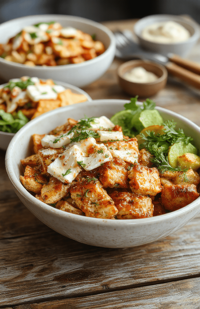 Colorful Greek Chicken Bowls arranged on a rustic wooden table, featuring grilled chicken, cherry tomatoes, cucumber slices, red onion, hummus, and olives, topped with fresh parsley, showcasing vibrant Mediterranean ingredients with textures from creamy hummus and juicy vegetables.