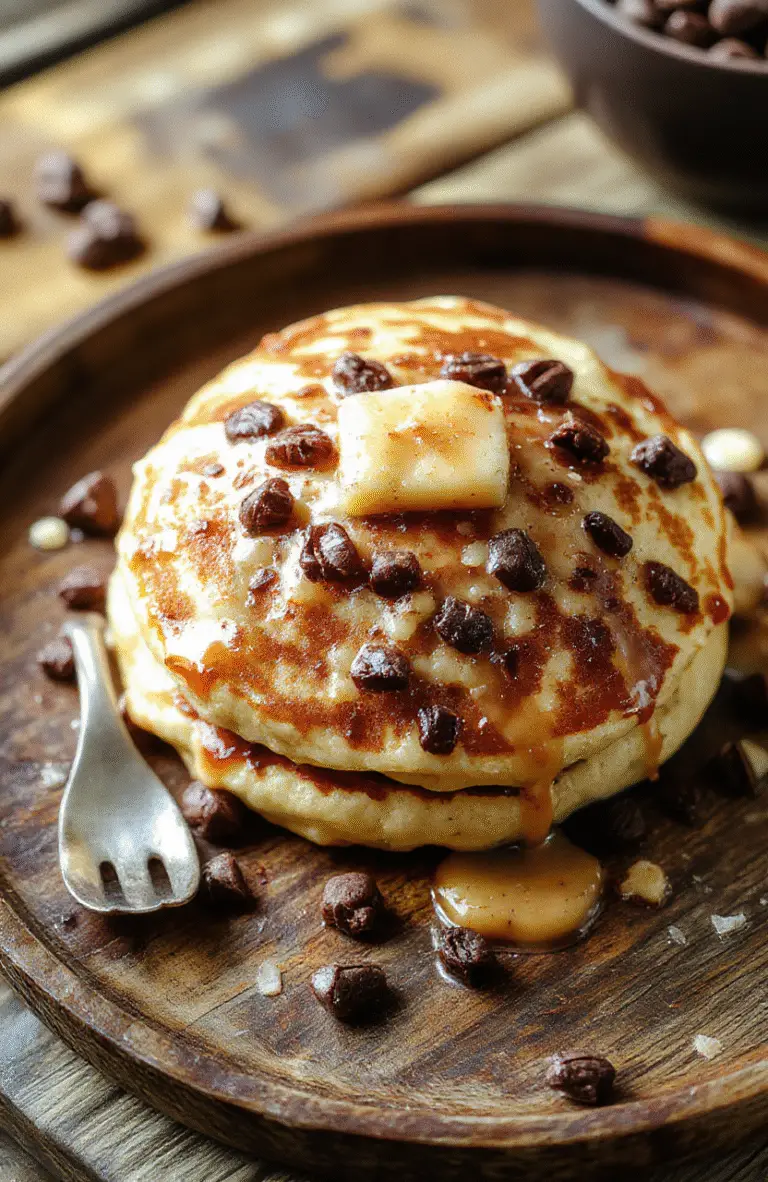 Colorful stack of fluffy pancakes topped with fresh berries, drizzled with maple syrup, styled on a rustic wooden plate with natural daylight highlighting textures and vibrant colors.