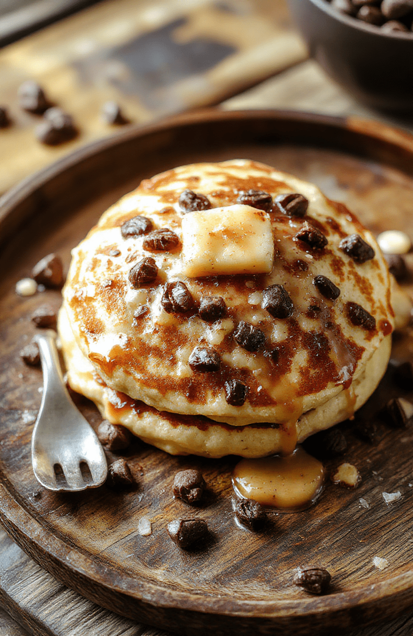 Colorful stack of fluffy pancakes topped with fresh berries, drizzled with maple syrup, styled on a rustic wooden plate with natural daylight highlighting textures and vibrant colors.