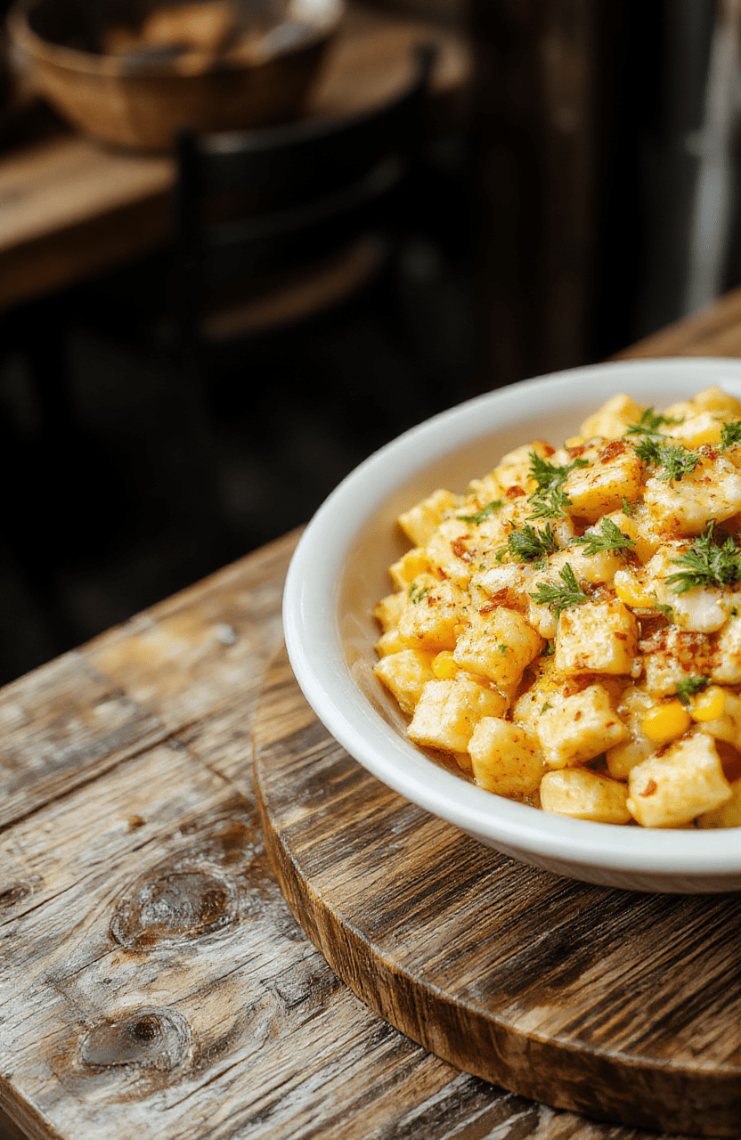 A vibrant bowl of street corn pasta salad featuring golden yellow corn kernels, chopped fresh cilantro, and shredded cheese on a rustic wooden table, with a creamy dressing drizzled on top, styled with fresh lime wedges and colorful cherry tomatoes.