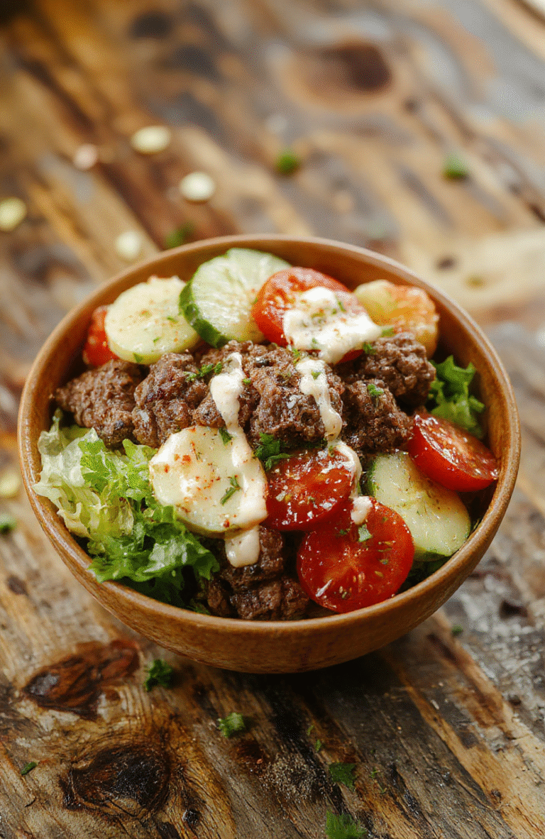 A vibrant bowl featuring seasoned ground beef, colorful cherry tomatoes, crisp lettuce, sliced cucumbers, shredded cheese, and a dollop of creamy sauce, all neatly arranged on a rustic wooden surface with fresh herbs sprinkled on top, styled in a bright and inviting manner.