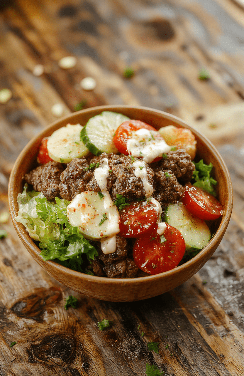 A vibrant bowl featuring seasoned ground beef, colorful cherry tomatoes, crisp lettuce, sliced cucumbers, shredded cheese, and a dollop of creamy sauce, all neatly arranged on a rustic wooden surface with fresh herbs sprinkled on top, styled in a bright and inviting manner.