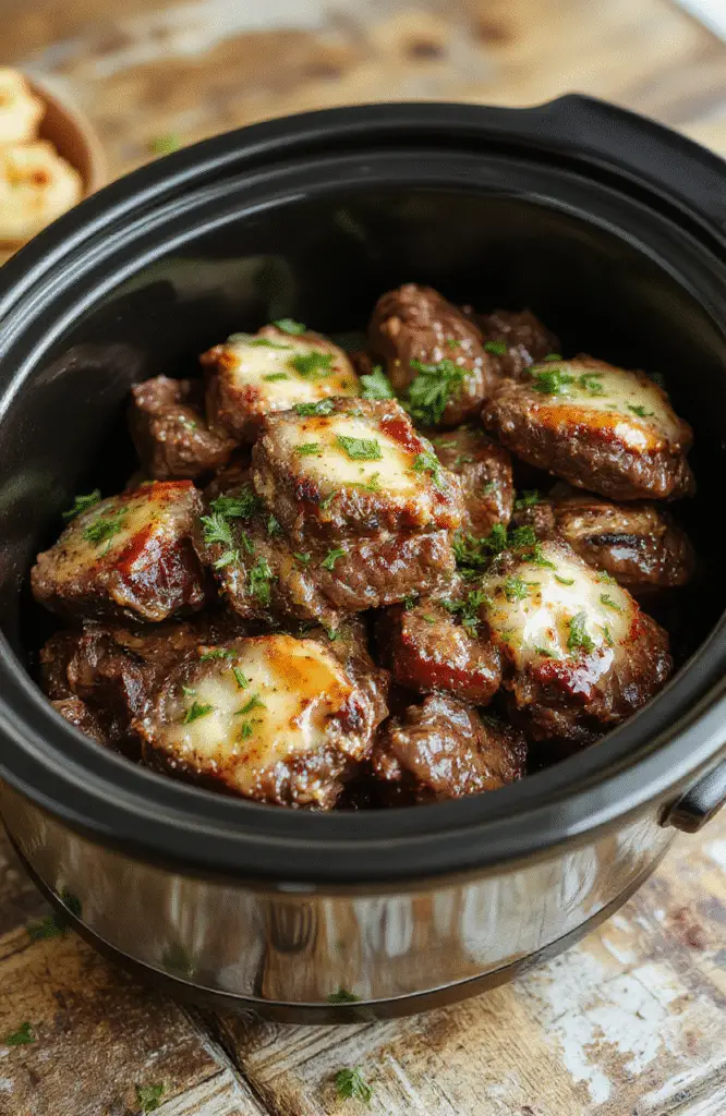 A close-up of juicy beef bites glazed with garlic butter sauce, garnished with fresh herbs, served on a rustic plate with a background of cooked vegetables and a wooden table, showcasing glossy textures and vibrant colors.