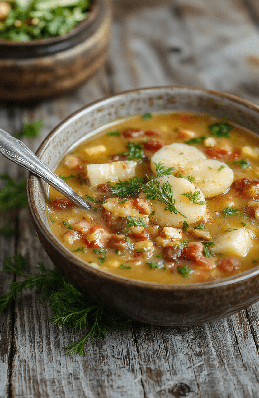 A warm bowl of hearty lentil and potato soup, topped with fresh herbs and a drizzle of olive oil, served on rustic wooden table with a spoon of creamy texture and vibrant colors.