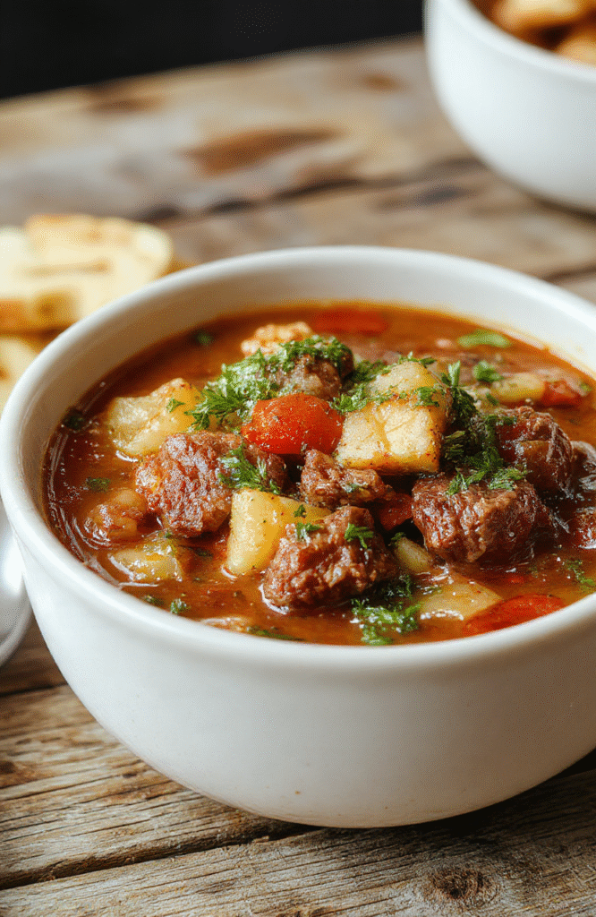 A steaming bowl of hearty vegetable beef soup featuring tender beef chunks, vibrant carrots, celery, potatoes, and leafy greens, garnished with fresh herbs, served in a rustic bowl on a wooden table with bread slices around, natural daylight highlighting the rich textures and colors.